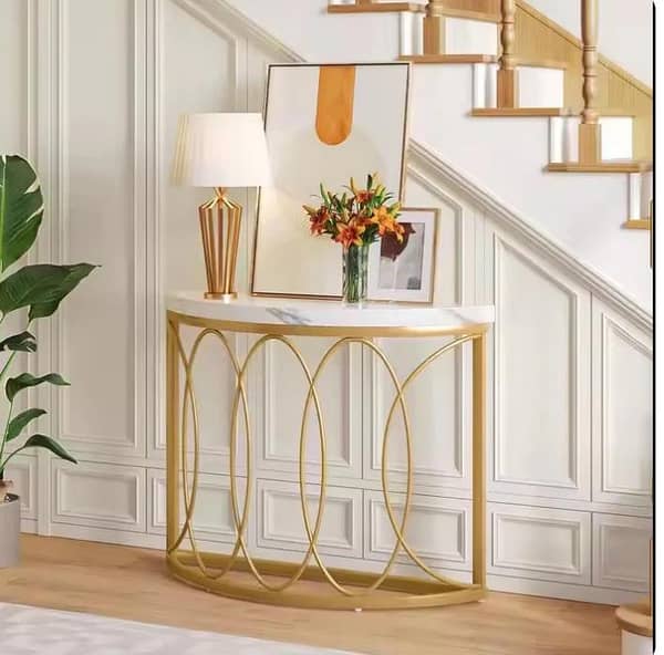White Top Gold Frame Console Table - Half Moon Entryway Desk