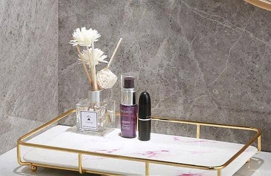 Modern Metal Frame Storage Tray – Imitation Marble Glass Bottom Plate