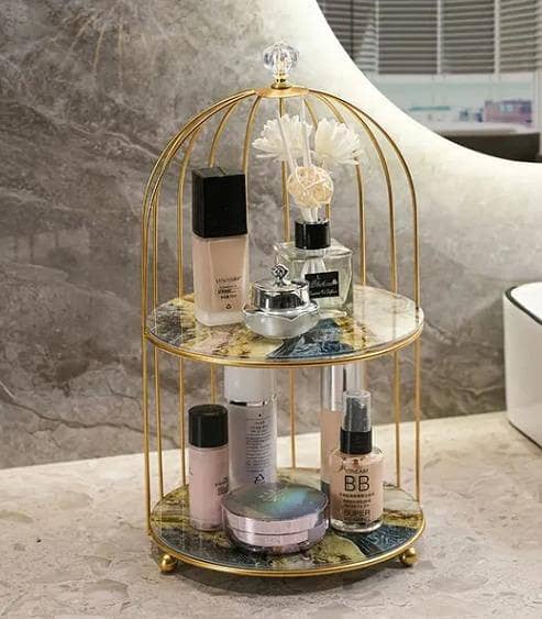 Iron Bird Cage Rack for Lipstick, Perfume & Cosmetics – Elegant Vanity Organizer