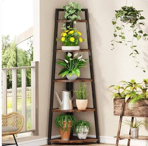 Premium 5-Tier Corner Rack Wooden Shelf – Modern Multipurpose Display & Plant Stand