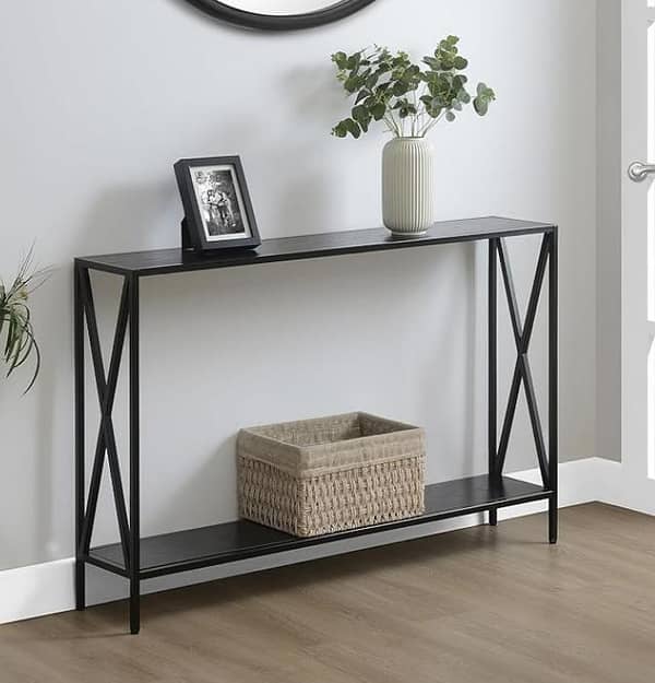 Black Metal Console Table with Dual Shelves and Crossed Side Design