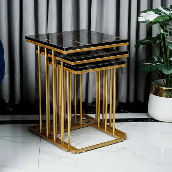 3-Piece Nesting Square Table Set - Wooden & Marble Top