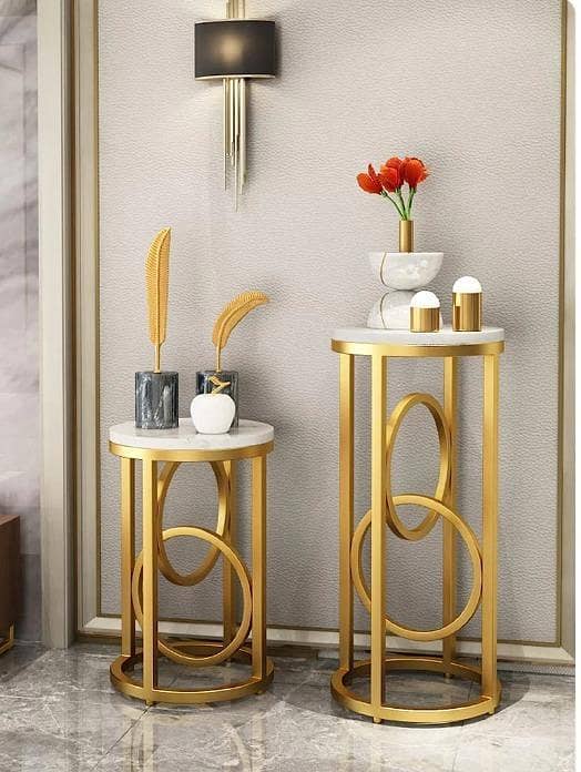 2 Pieces HandCrafts Round Wooden  Marble Bedside Table