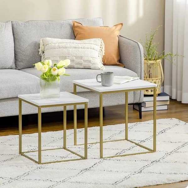 Set of 2 Square Nesting Tables with Metal Frame for Living Room