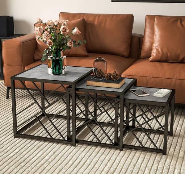 Modern Square Nesting Table Set of 3 with Sturdy Metal Frames  Stylish Stackable Living Room Accent Furniture