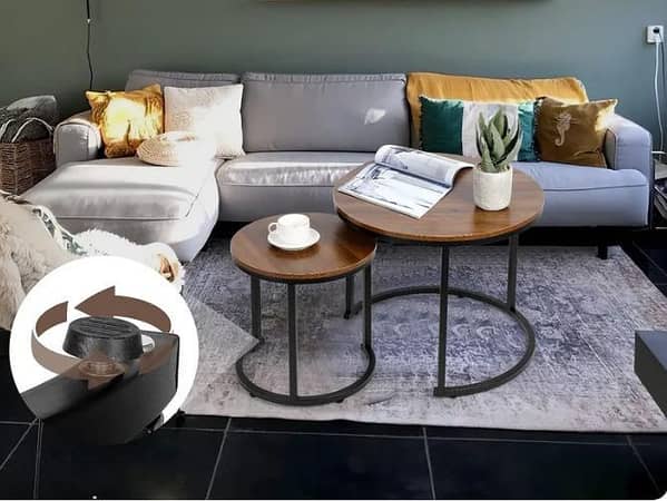 Luxury Two-Piece Round Nesting Table Set with Wooden Marble Finish and Durable Metal Base for Stylish Interiors