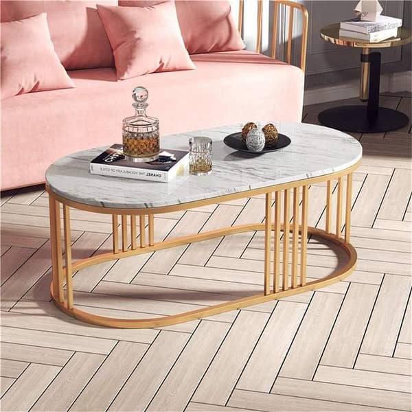 Designer center Table  Wooden Marble-Texture Top with Durable Metal Frame, Modern Living Room and Bedroom