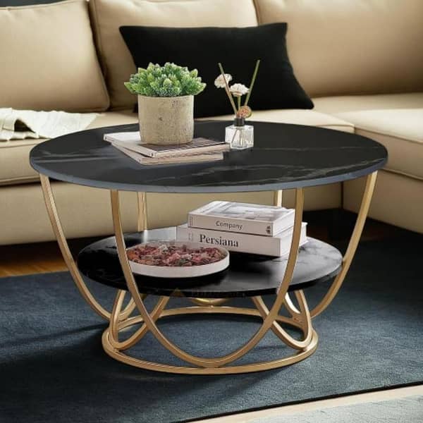 Premium Round Wooden Marble-Texture Table – Durable Metal Frame, Modern Living Room