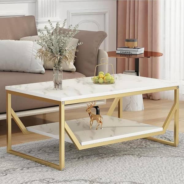 Elegant Center Table for Living Room with Wooden Marble-Texture Top and  Metal Frame