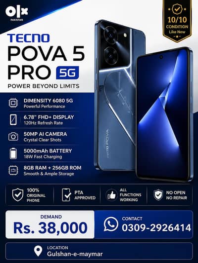 Tecno Pova 5 Pro 5G available for sale in excellent condition. "silver"