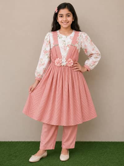 Cute Girls Pink & White Party Dress with Trouser – Premium Quality