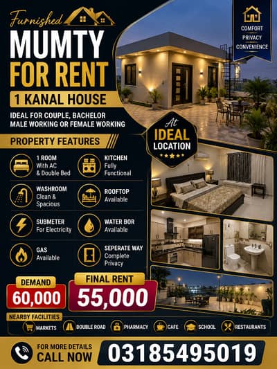 1 kanal House Furnished Mumty available for just couple, working male or women