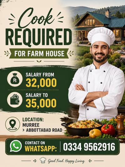 cook required for Farm House – Murree (Abbottabad Road)