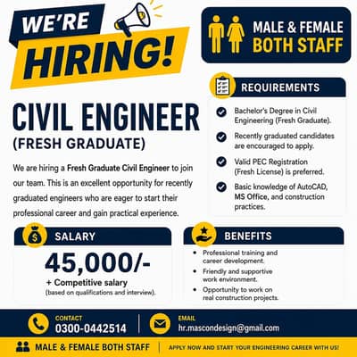 Civil Engineer (Fresh Graduate) Required ,Freshers (Male & Female)