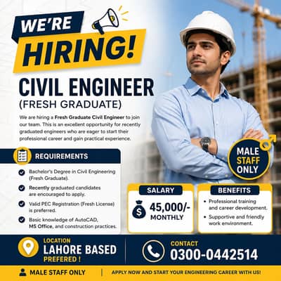 Civil Engineer (Fresh Graduate) Required ,Freshers (Male)