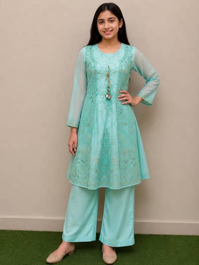 Elegant Organza Embroidered Girls Dress – 2 Piece Suit