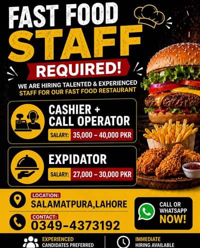 Urgent Required Cashier+Call Operator & SP Rider & Kitchen Staff