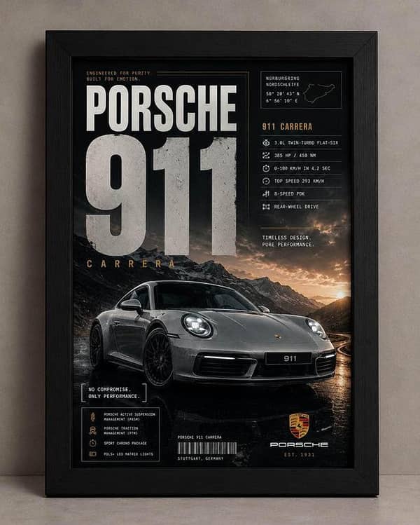 Premium Car Display Frame Background Insert & Table Stand (8 x 10) for Lamborghini Aventador, Bugatti Chiron, Mercedes G63 AMG, Porsche 911 GT3 RS, Ford Mustang
