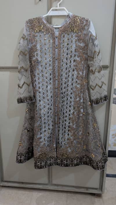 Heavy Embroidered Formal Party Wear Frock – Grey & Golden – Excellent