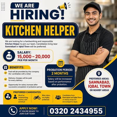 We are required Kitchen Helper for our Fast Food Point