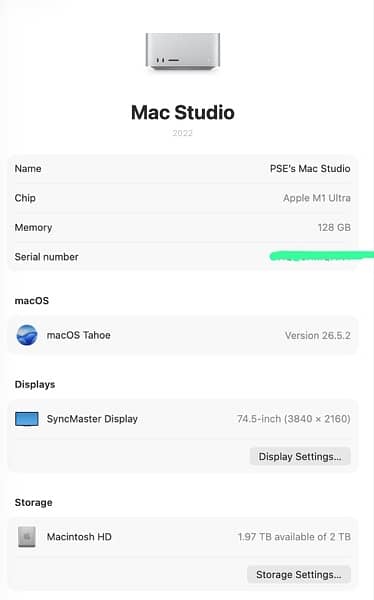Mac Studio M1 Ultra Ram 128 GB SSD 2TB