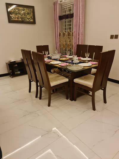 6-Seater Solid Wood Dining Table Set with Glass Top
