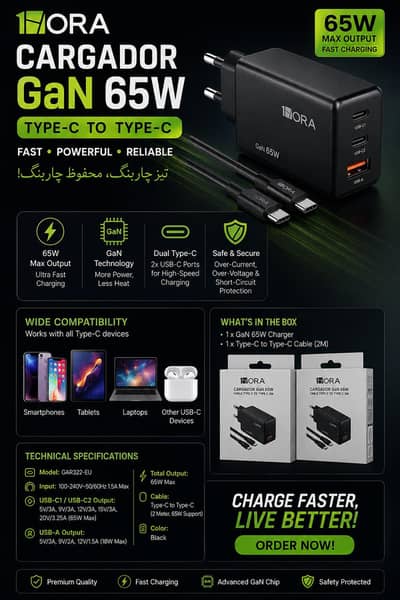 1 hora 65 watt gan charger