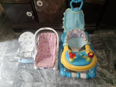 baby walker, baby cot and bath chair. . .