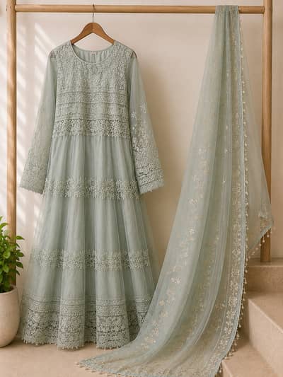 Wedding wear , floor length A line maxi dress , silver grey color  ,