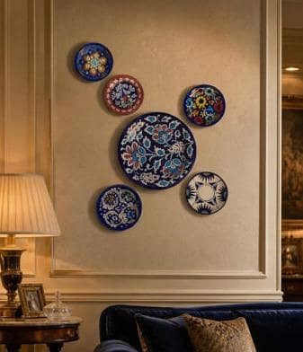Hand-Painted Ceramic Wall Plate Set of 6 | Blue Pottery Floral Plates