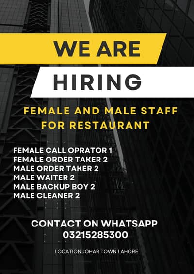 female male staff required urgent contact on WhatsApp 03215285300