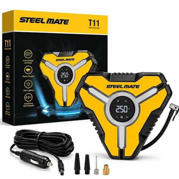 Steelmate T11 Digital Tire Inflator 12V Portable Air Compressor with Auto Stop, Digital Pressure Gauge & LED Light for Car, Bike & Bicycle
