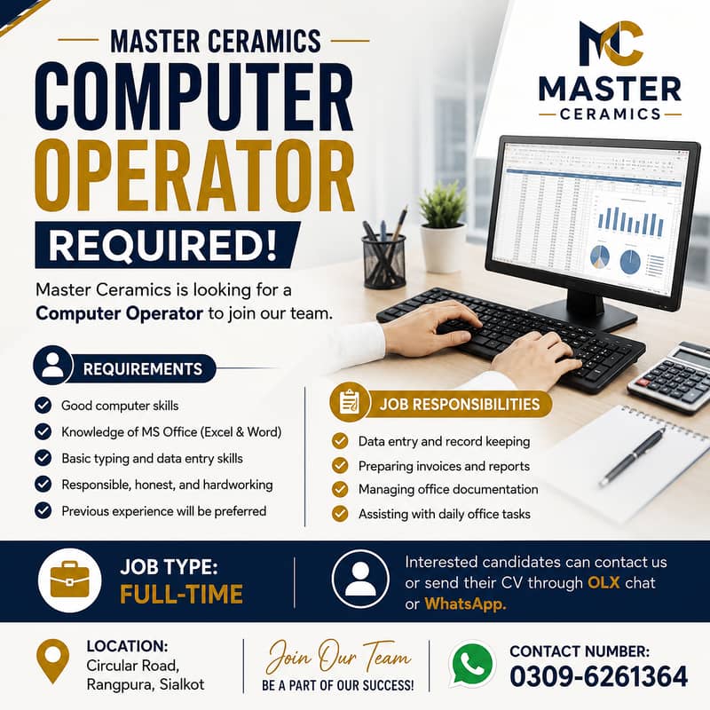 Computer Operator Required – Master Ceramics 0