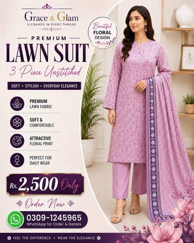 Premium Lawn Suit 3 Piece Unstitched| Soft Summer Lawn| Rs. 2,499
