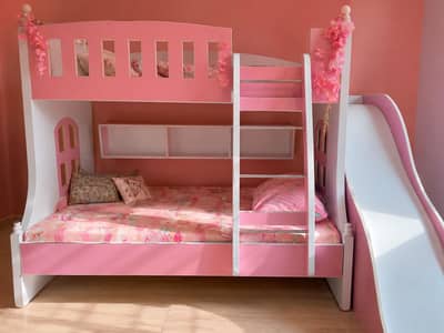 Kids Pink Princess Bunk Bed with Slide, Ladder & Storage Shelves
