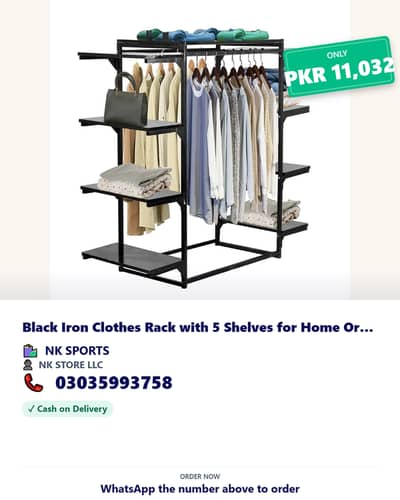 black Iron Clothes Rack with 5 Shelves for Home Organization