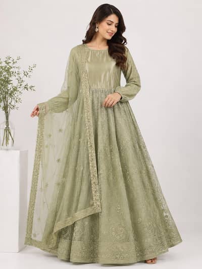 Brand New Olive Green Embroidered Maxi with Matching Dupatta