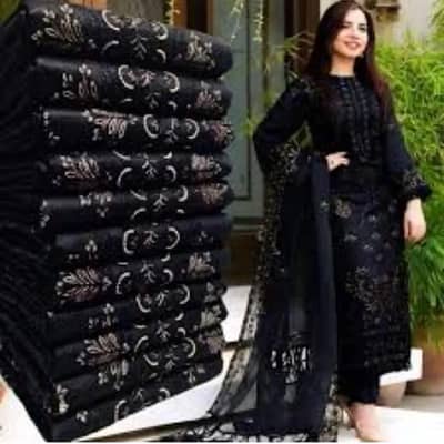 Black Embroidered 3 piece Womens Lawn suit with Bamber Dupatta