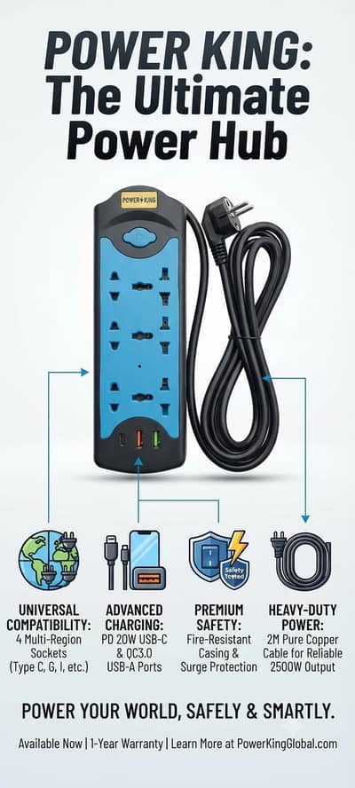 Power King Universal Socket Power Strip with PD/QC USB Fast Charging