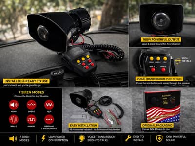 100W Car Siren & Speaker | 7 Modes | Super Loud | Voice Mic | 12V