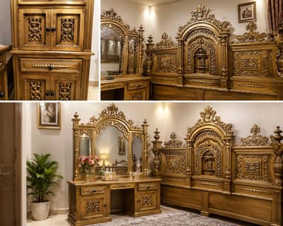 Solid Sheesham Wood Bedroom Set with Dressing Table & Side Tables
