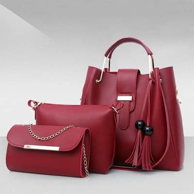 Maroon PU Leather 3-Piece Women's Hand Bag Set