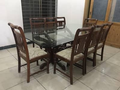 8 Seater Sheesham Wood Dining Table with Glass Top for Sale