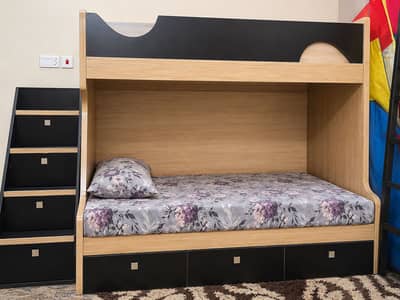 Wooden Bunk Bed with Storage Drawers & Stairs – Good Condition