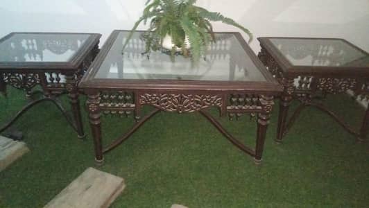 3 piece carved wooden set (1 center table + 2 side tables)