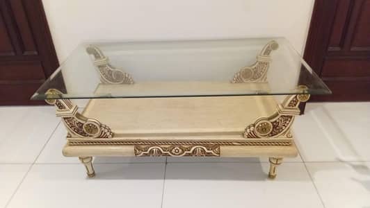 Luxury Carved Center Table & Side Tables Set with Thick Glass Tops