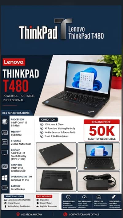 FHD touch laptop Lenovo t480 with original 65w charger