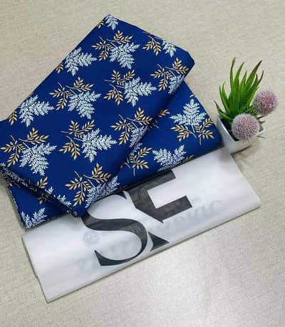 Women's Blue Leaf Print Unstitched Suit 2.25m