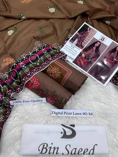 Brown floral geometric unstitched 3pc suit