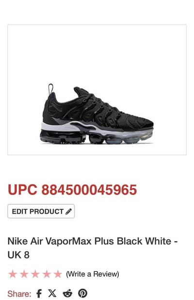 Original Nike Air VaporMax Plus Black/White UK 8 – Slightly Used